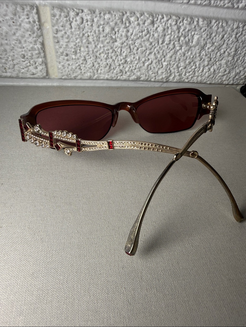 Judith Leiber Red Rectangular Frames with Decorative Metal Temples